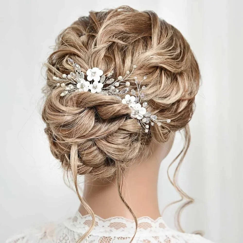Flower Bride Wedding Hair Pins Silver Rhinestone Bridal Hair Pieces Pearl Hair C
